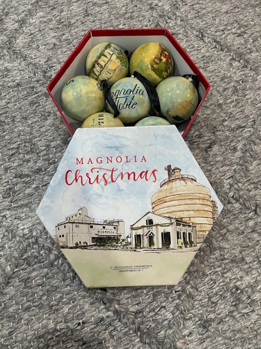 Magnolia Decoupage Holiday Ornament Set in Blue, Green & Yellow